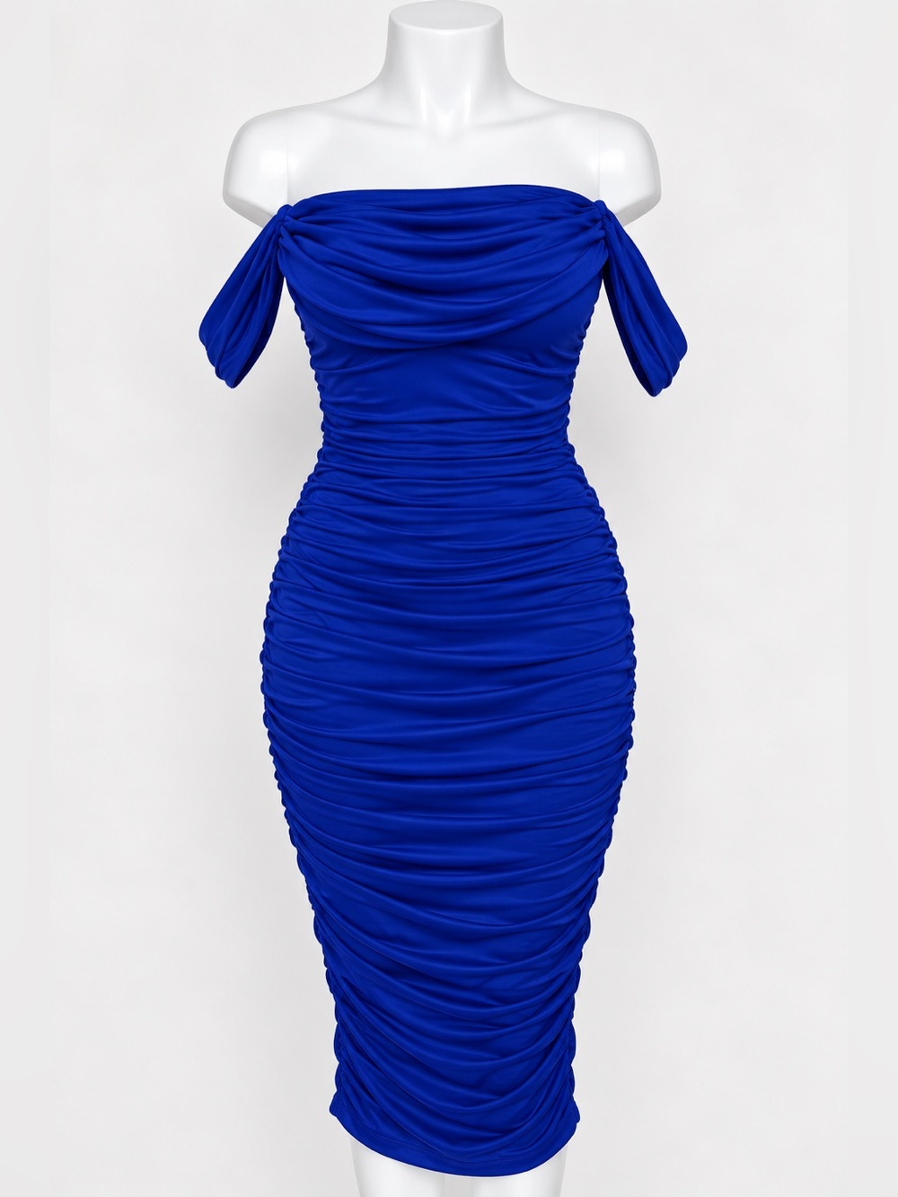 Women’s Royal Blue Ruched Off Shoulder Bodycon Midi Dress M